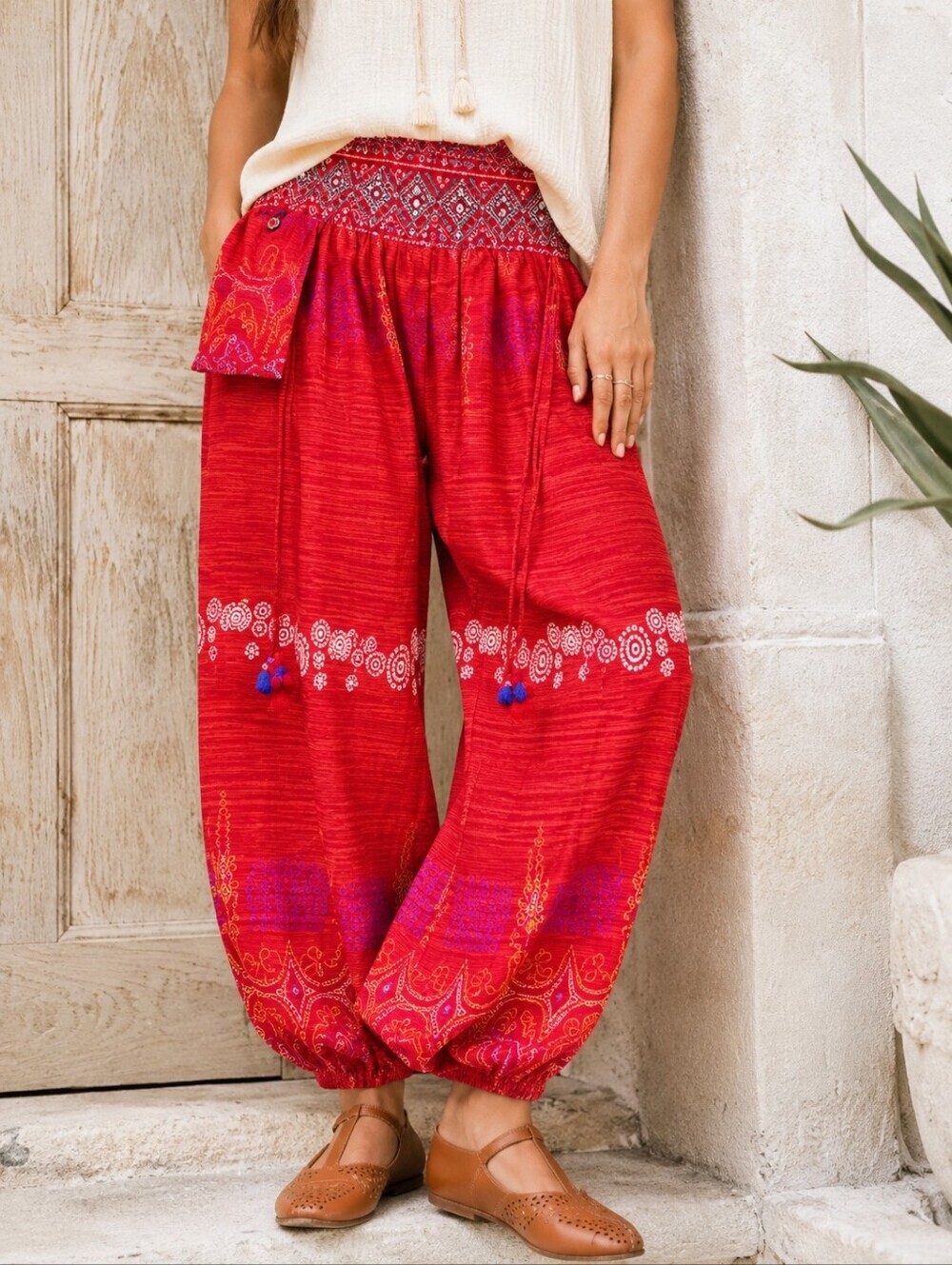Thai Cotton Boho Harem Pants Festival Balloon Joggers Red Natural Fibre